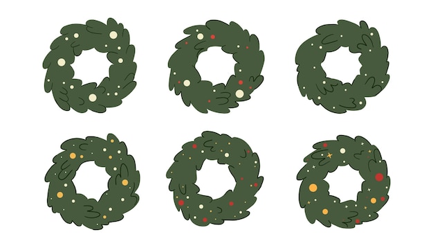 Conjunto de coronas de Navidad y ramas de abeto Decoración navideña para la puerta Ilustración vectorial plana