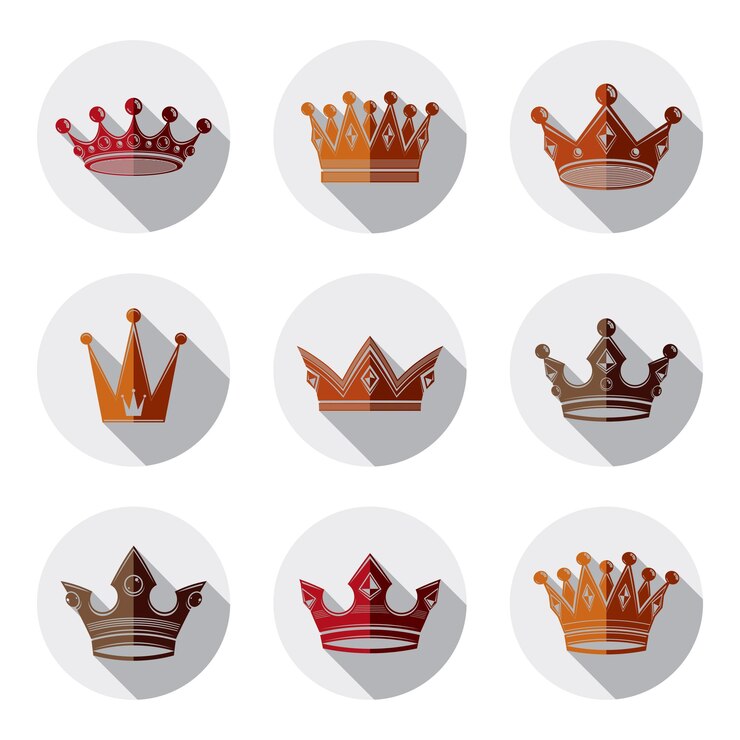 Vector conjunto de coronas reales doradas 3d aisladas. símbolos clásicos majestuosos, colección de coronas. web y elementos gráficos.