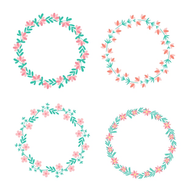 Conjunto de coronas redondas con flores de primavera y verano Plantilla floral de racimo para marco redondo de postales