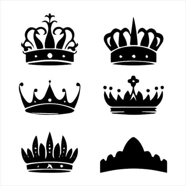 Vector conjunto de coronas de reyes e íconos sobre fondo blanco símbolos reales iconos de corona conjunto silueta de corona