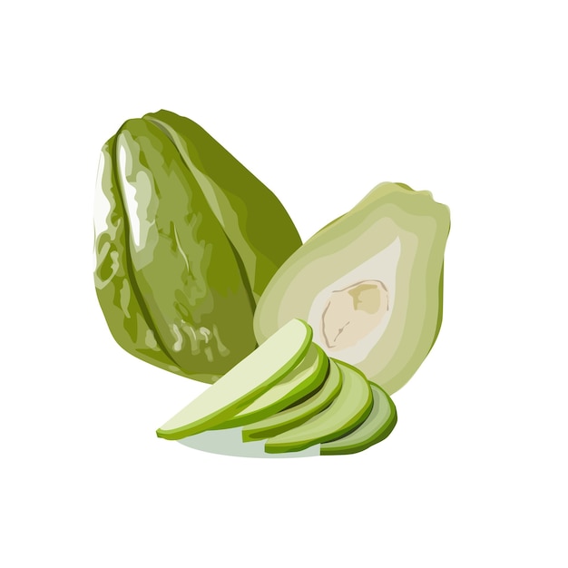 Conjunto de corte de chayote aislado sobre fondo blanco,