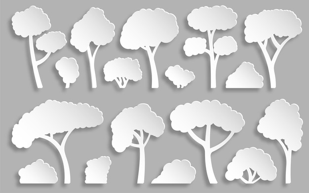Vector conjunto de corte de papel de árbol y arbusto paisaje de follaje de bosque elemento de corte plano al aire libre floral planta de parque botánico de diferentes formas jardín ecológico natural de kirigami arce roble abedul álamo temblón silueta blanca