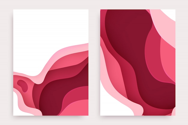 Conjunto de corte de papel con fondo abstracto de limo 3D y capas de ondas de color rosa rojo.