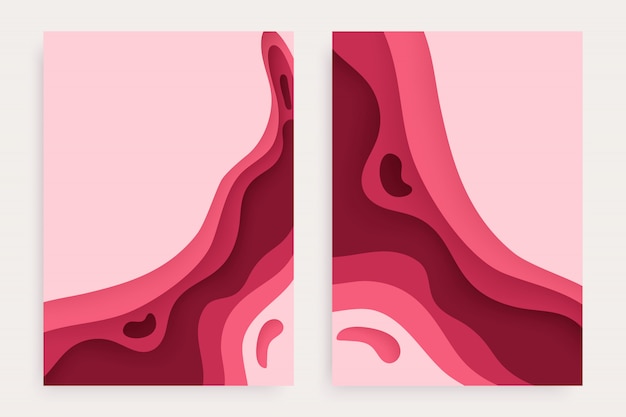 Conjunto de corte de papel con fondo abstracto de limo 3D y capas de ondas de color rosa rojo.