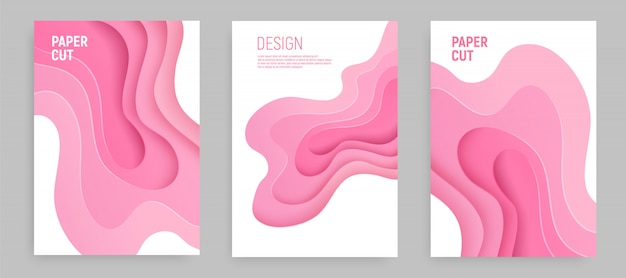 Conjunto de corte de papel rosa con fondo abstracto de limo 3D y capas de ondas de color rosa. Diseño de diseño abstracto.