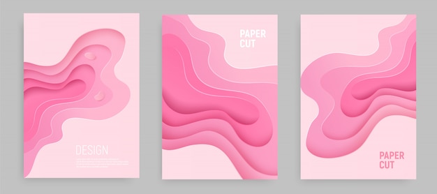 Conjunto de corte de papel rosa con fondo abstracto de limo 3D y capas de ondas de color rosa. Diseño de diseño abstracto.