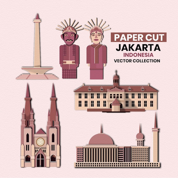Conjunto de corte de papel de vector de punto de referencia de Yakarta Indonesia