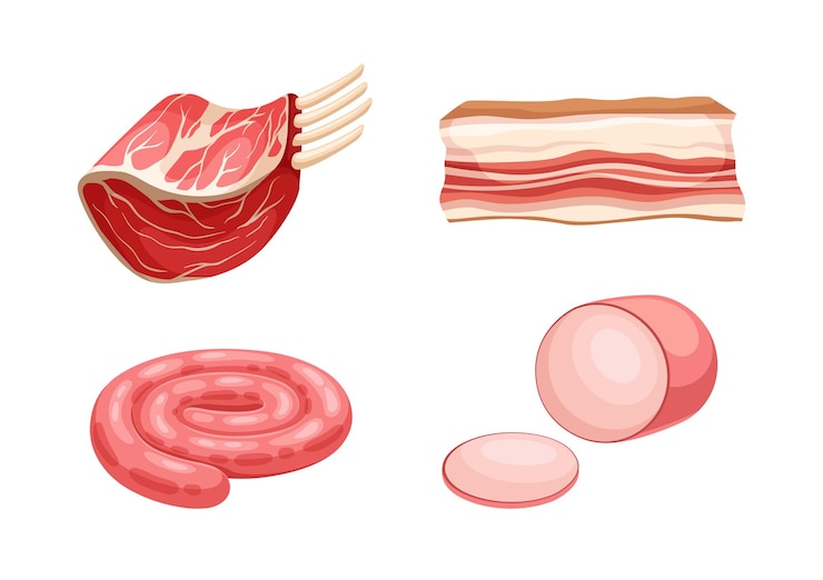 Vector conjunto de cortes de carne pollo y carne de cerdo rebanada de tocino con proteínas alimentos naturales y orgánicos y alimentación plantilla y diseño colección de vectores planos de dibujos animados aislados sobre fondo blanco