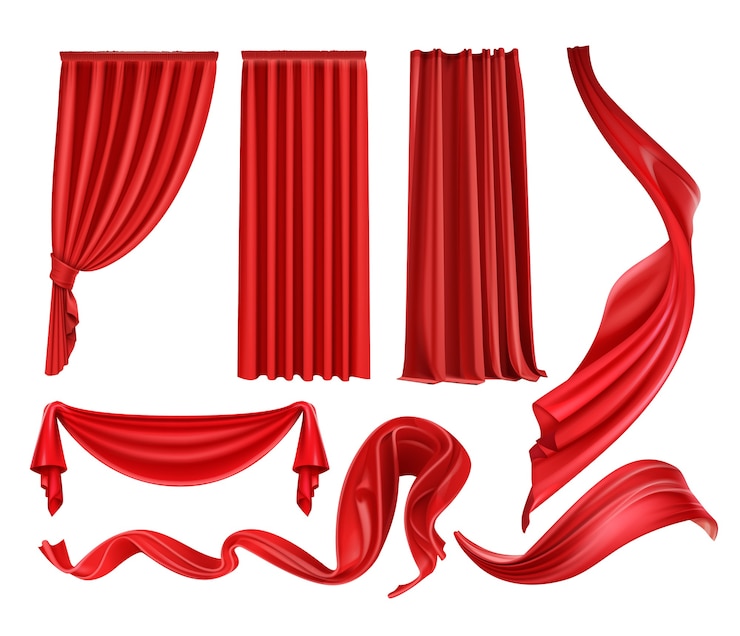 Vector conjunto de cortinas y cortinas de terciopelo de seda escarlata, tela roja ondeando aislado sobre fondo blanco.