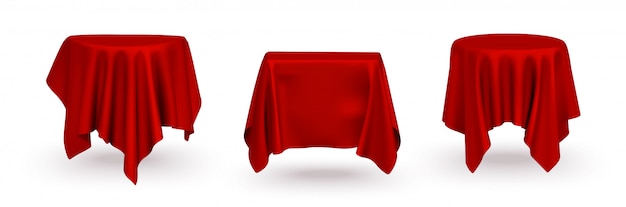 Vector conjunto de cortinas de mesa de tela de seda roja realista para la presentación del producto