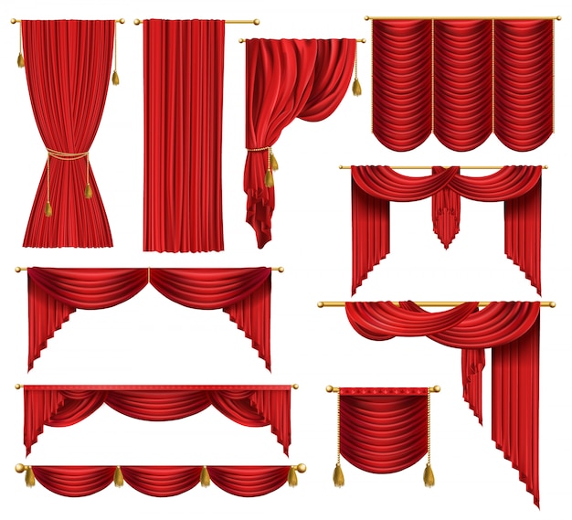 conjunto de cortinas rojas de lujo, abiertas y cerradas, con cortinas y cordones decorativos