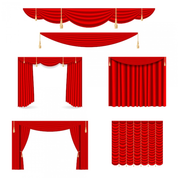 Conjunto de cortinas de seda roja con luces y sombras de lo abierto y cerrado.