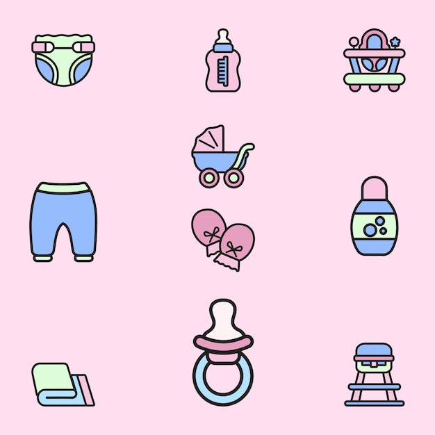 Conjunto de cosas para bebés ilustración de línea plana linda