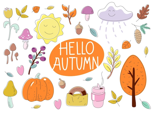 Conjunto de cosas de otoño con banner hola otoño