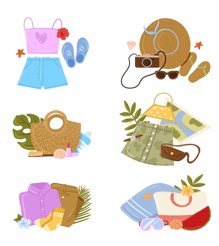 Vector conjunto de cosas de viaje ilustración vectorial varias bolsas de equipaje maletas cosméticos ropa vacaciones
