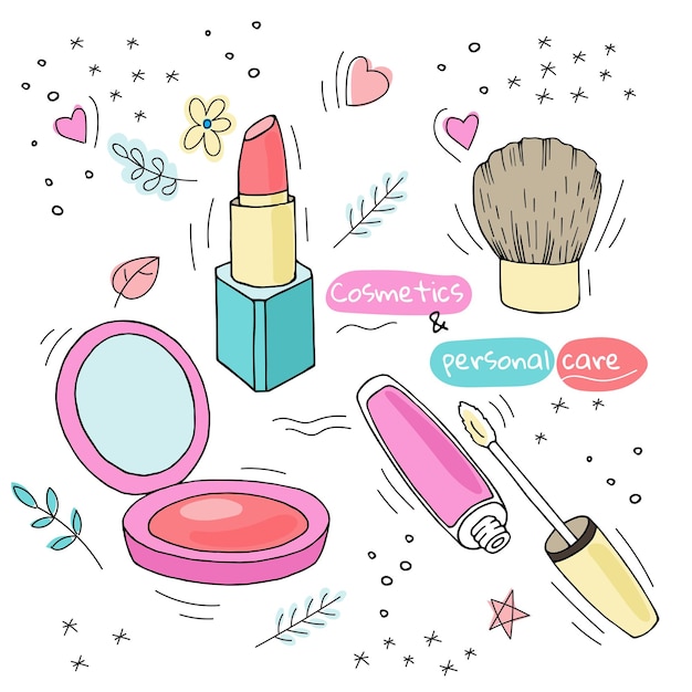 Conjunto de cosmética decorativa, pincel kabuki, flores, estrellas, hojas y elementos decorativos