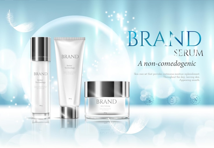 Conjunto cosmético anuncios diseño de paquete azul cielo sobre fondo azul claro con bokeh brillante y pluma en ilustración 3d