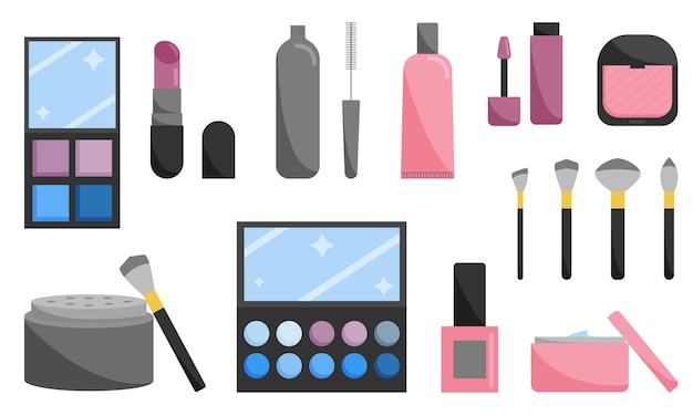 Conjunto de cosméticos Cosméticos para aplicar maquillaje Estilo plano Ilustración vectorial