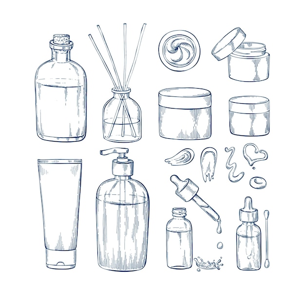 El conjunto de cosméticos para el cuidado de la piel Esbozo de plantilla para el blog de productos de belleza de atención médica de aromaterapia