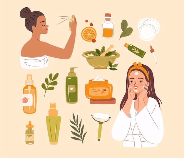 Vector conjunto de cosméticos para el cuidado de la piel mujer que usa productos para el cuidado facial dibujado a mano ilustración vectorial plana