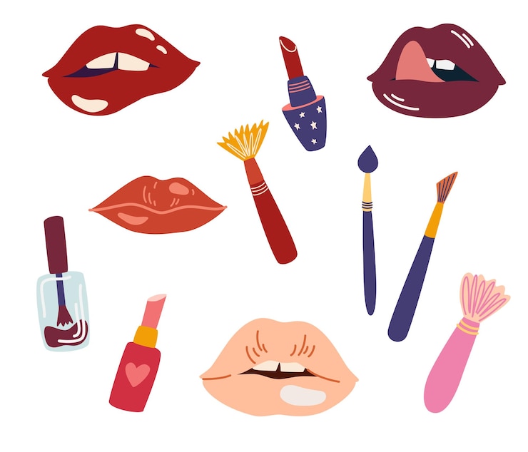 Vector conjunto de cosméticos para mujeres. labios, esmaltes de uñas. pinceles de maquillaje, lápices labiales. accesorios de belleza. ilustración de dibujos animados vectoriales.