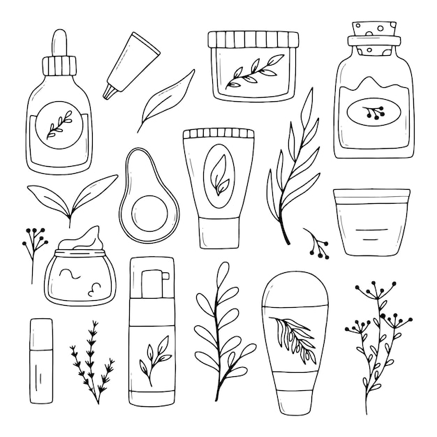 Conjunto de cosméticos naturales Colección de cosméticos orgánicos para el cuidado de la piel Cosméticos a base de hierbas Ilustración vectorial Estilo Doodle