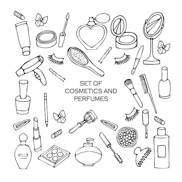 conjunto de cosméticos y perfumes ilustración vectorial en blanco y negro en estilo dibujos animados