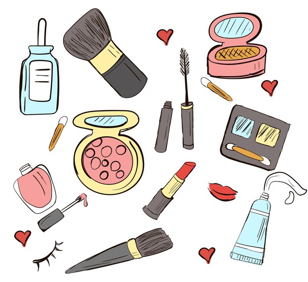 Vector conjunto de cosméticos vectoriales dibujados a mano ilustración de doodle