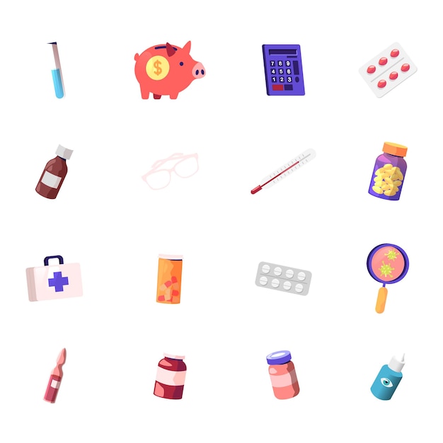 Conjunto de costo médico, frasco de vidrio, alcancía y calculadora con blíster de tabletas, frasco con medicamento, termómetro y vasos, caja de instrumentos, solución para los gérmenes y los ojos