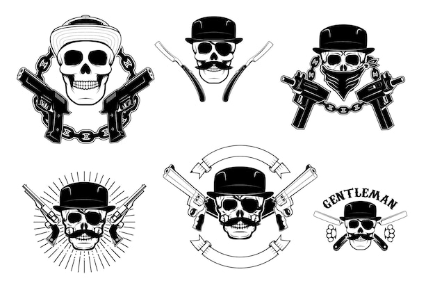 Conjunto de cráneos de gangsta aislados sobre un fondo blanco Elemento de diseño para pegatina de cartel de impresión de camiseta