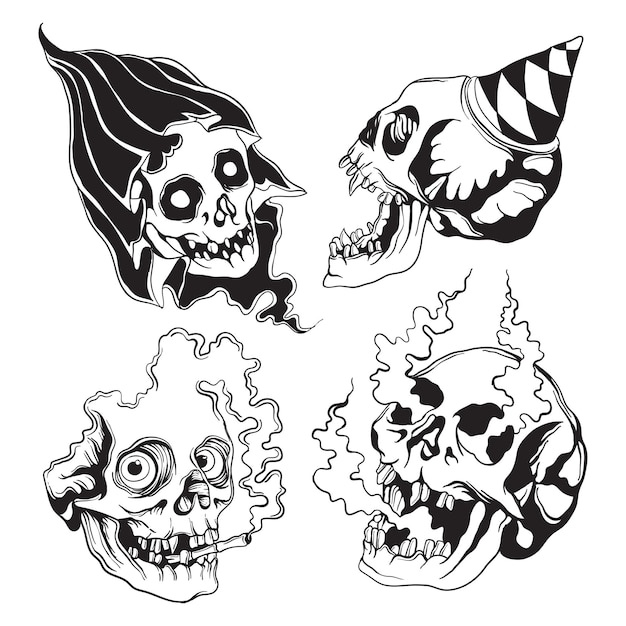 Conjunto de cráneos humanos aislados sobre un fondo blanco Ilustración vectorial dibujada a mano