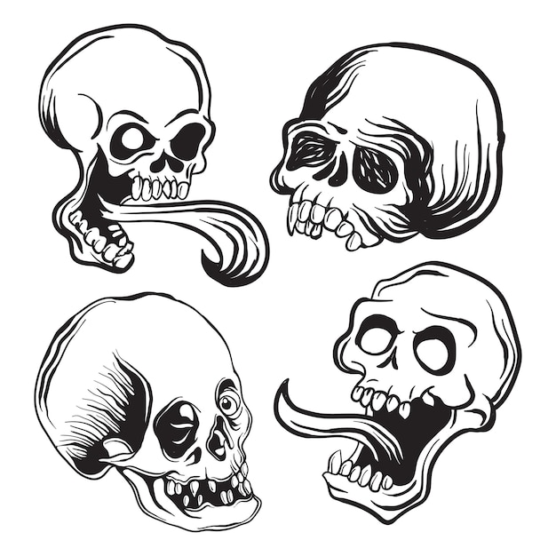 Conjunto de cráneos humanos aislados sobre un fondo blanco Ilustración vectorial dibujada a mano
