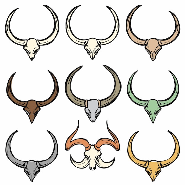 Conjunto de cráneos de toros coloridos ilustraciones diversa paleta de colores colección artística cráneo de búfalo