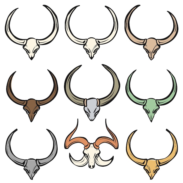 Conjunto de cráneos de toros de varios colores, ilustraciones de craneos de animales con cuernos, colección de cráneo de bovinos