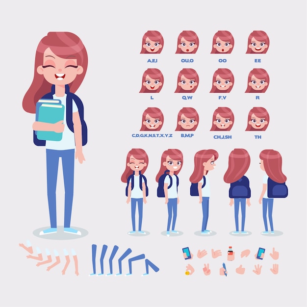 Conjunto de creación de adolescente para animación Vista frontal trasera personaje animado