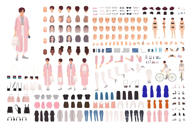 Conjunto de creación de chicas jóvenes de moda o kit de bricolaje. Colección de partes del cuerpo, ropa de moda, accesorios elegantes, rostros, posturas. Personaje de dibujos animados femenino. Vistas frontales, laterales y traseras. ilustración vectorial
