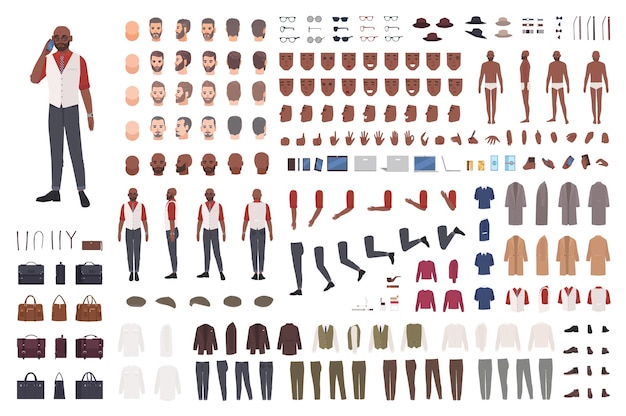 Conjunto de creación de hombre afroamericano o kit de avatar. Colección de partes del cuerpo masculino en diferentes poses, ropa aislada sobre fondo blanco. Vistas frontales, laterales y traseras. Ilustración de vector de dibujos animados plana.