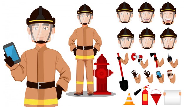 Conjunto de creación de personaje de dibujos animados de bombero