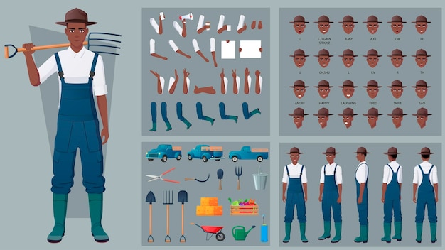 Vector conjunto de creación de personajes de granjero masculino con herramientas gestos de emociones camioneta de sincronización de labios vector premium