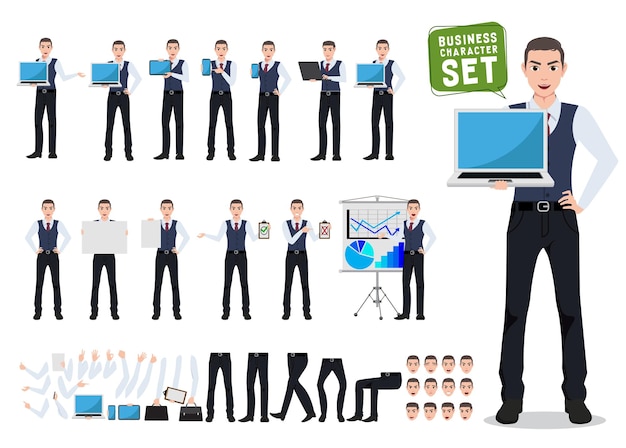 Conjunto de creación de personajes vectoriales de hombre de negocios con persona de oficina masculina que muestra la pantalla del portátil