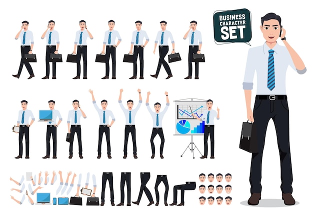 Conjunto de creación de personajes vectoriales de persona de negocios masculino con hombre de negocios hablando por teléfono móvil