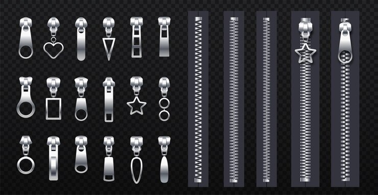 Vector conjunto de cremalleras realistas en el espacio de copia industria textil y de la ropa elementos con diferentes formas de tirador deslizante colección de vectores isométricos aislados en fondo transparente
