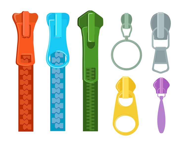 Vector conjunto de cremalleras y sujetadores para ropa al estilo de dibujos animados ilustración vectorial de una cremallera en bases de colores naranja azul verde y sujetadores de diferentes formas aislados sobre un fondo blanco