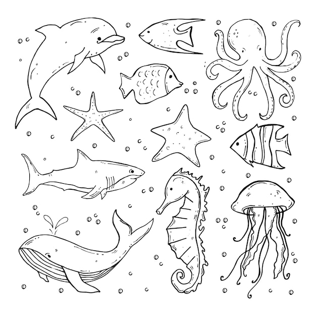 Conjunto de criaturas marinas y animales submarinos en estilo doodle Ballena pulpo pez tiburón delfín