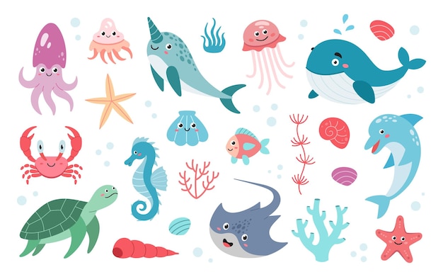 Conjunto de criaturas oceánicas dibujadas a mano Dibujos animados Animales marinos Conjunto de estilo de doodle vectorial de objetos de vida marina para el diseño Ilustración vectorial aislada sobre fondo blanco