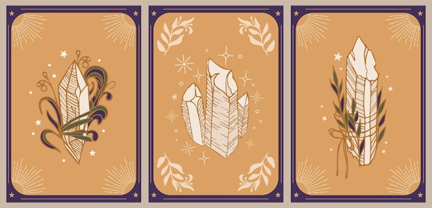 Vector conjunto de cristal con ramitas de una planta la magia de las plantas y los minerales amuleto ritual ilustración vintage en estilo boho brujería de halloween para logotipos carteles tarjetas pancartas impresión de tela