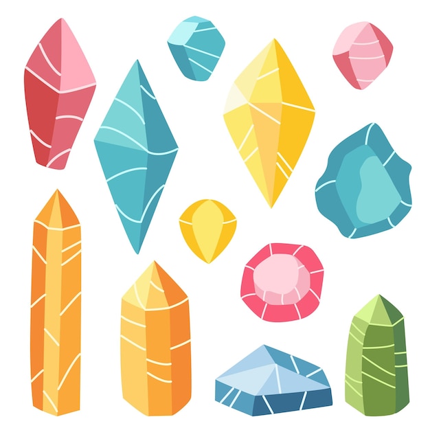 Conjunto de cristales coloridos de piedra preciosa en una ilustración vectorial de estilo plano