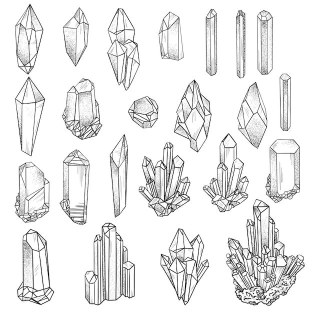 Conjunto de cristales de contorno negro geométrico Ilustración vectorial aislada en fondo blanco