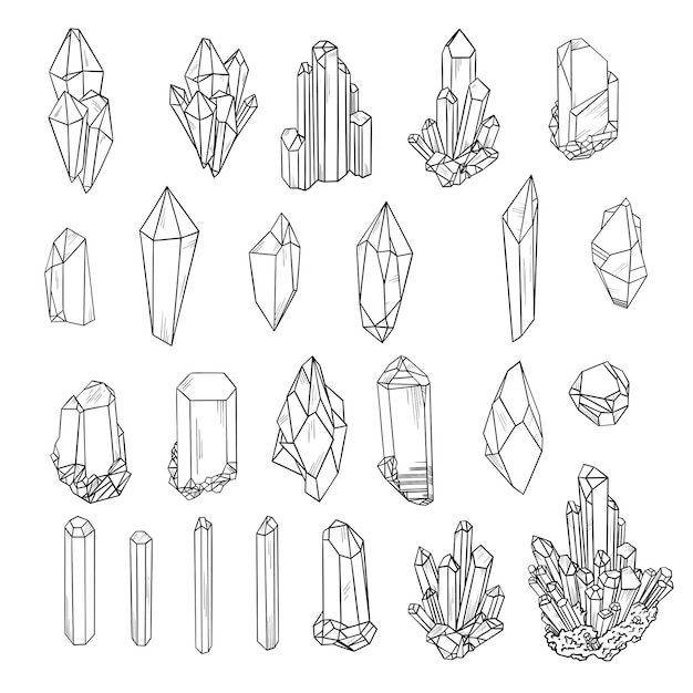 Conjunto de cristales de contorno negro geométrico Ilustración vectorial aislada en fondo blanco