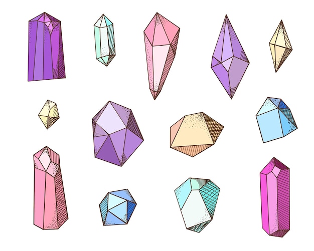 Conjunto de cristales cuarzo mágico diferentes formas y colores piedras preciosas místicas ocultas joyas coloridas diamantes de lujo joyas tesoros decorativos elementos aislados minimalismo ilustración vectorial